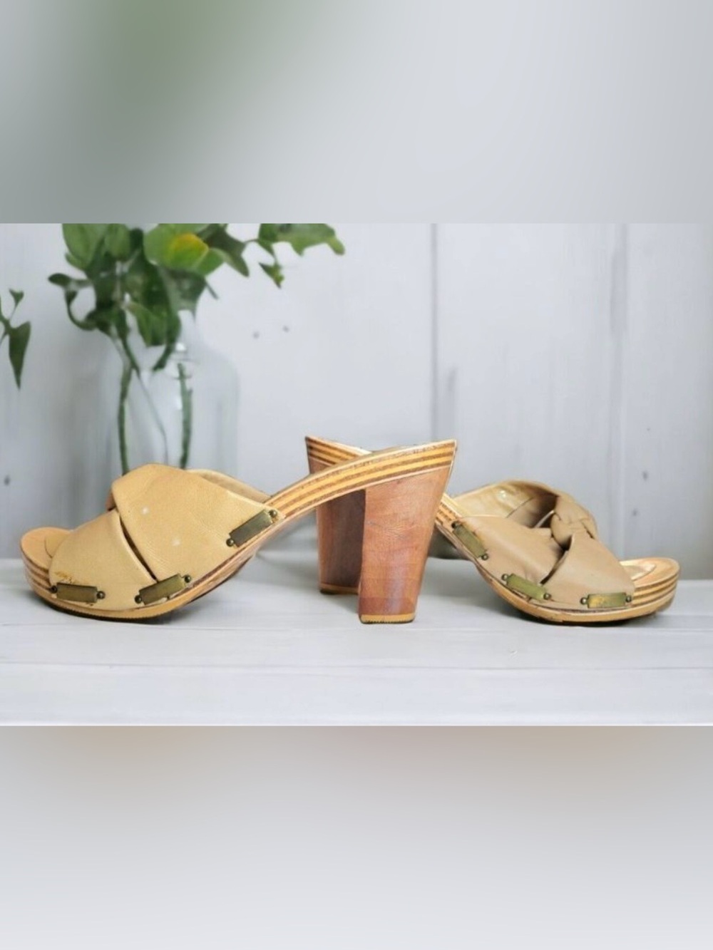 Vintage Concepts Wood Mules Greek Leather Sandals 90s Platform Clogs 7.5